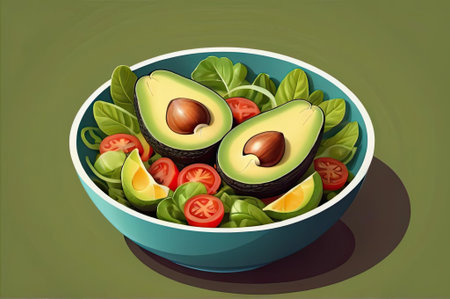 A vibrant bowl is filled with ripe avocados, sliced in half to reveal their rich, smooth texture. Surrounding them are juicy cherry tomatoes and fresh leafy greens, creating a healthy meal ideal for a warm, sunny afternoon.の素材