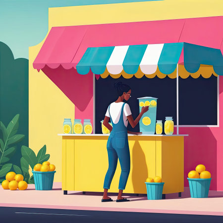 Bright and inviting lemonade stand radiates joy in a lively neighborhood. A young woman, dressed in denim overalls, skillfully prepares refreshing lemonade amidst jars filled with lemons and cups.の素材