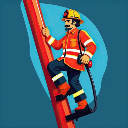 A firefighter, dressed in vibrant gear, is climbing a pole with determination. This training exercise emphasizes skills and bravery, set against a bold blue backdrop.の素材
