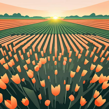 Fields of orange tulips stretch across the horizon, illuminated by the warm glow of the sunrise. Rows of flowers reach towards the light, creating a stunning visual display. The tranquil beauty of nature captures the essence of springtime.の素材