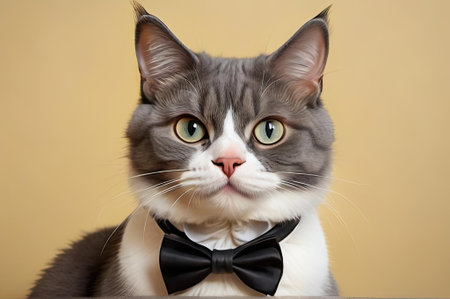 A stylish gray and white cat dressed in a bow tie gazes directly at the viewer, showcasing its striking green eyes. The soft yellow backdrop adds warmth to the scene, enhancing the feline's elegance.の素材