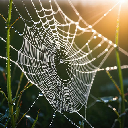 Early morning light creates a magical atmosphere as dew drops cling to a spider web in a vibrant garden. The intricate design of the web is illuminated, showcasing nature's artistry against a soft, natural backdrop.の素材