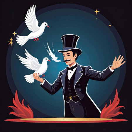 A skilled magician in a classic tuxedo and top hat captivates the audience during a night show, showcasing a stunning dove illusion. Two graceful white doves soar through the air amidst flickers of stage light, enhancing the magical atmosphere.の素材