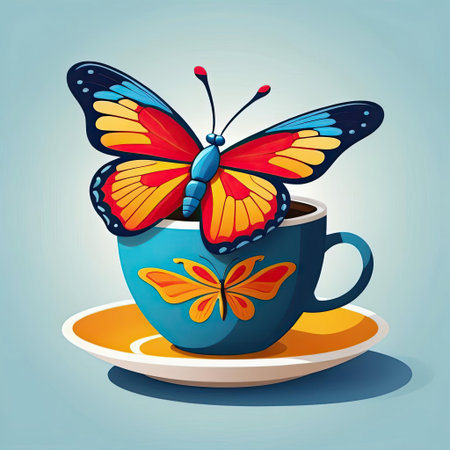 A vibrant butterfly rests on a beautifully designed blue cup sitting on a matching saucer. The cup features a butterfly motif and the background is softly colored, creating a whimsical feel.の素材