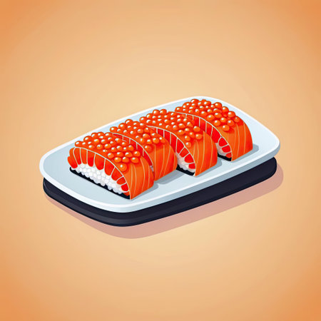 Salmon sushi rolls are elegantly arranged on a smooth white platter, topped with bright orange roe, showcasing their fresh ingredients and artistry in this culinary delight.の素材