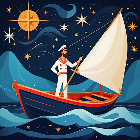 A sailor stands confidently on a small boat, guiding it through waves beneath a starry sky. The mountains loom in the distance, adding to the serene nighttime atmosphere.の素材