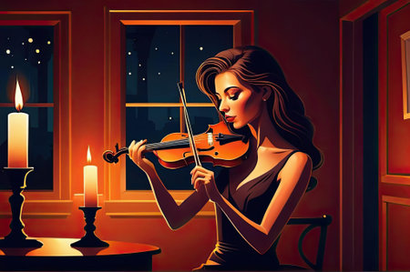A woman sits gracefully in a dimly lit room, playing her violin with serene focus. The flickering candlelight casts soft shadows, enhancing the intimate atmosphere. Music fills the air as she immerses herself in the moment, evoking deep emotions.の素材