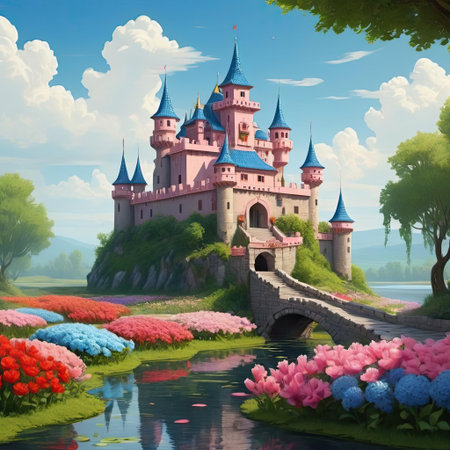 A stunning castle features tall spires and a pink hue, set against a backdrop of lush greenery. Colorful flowers bloom around a peaceful river, reflecting the idyllic beauty of a fairytale world. The serene atmosphere invites exploration and wonder.の素材