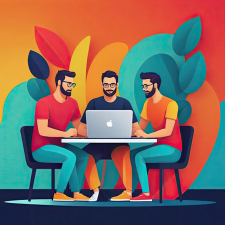 Three friends engage in a brainstorming session at a chic workspace, sharing ideas and collaborating on a laptop. The vibrant background adds creativity to their discussion.の素材