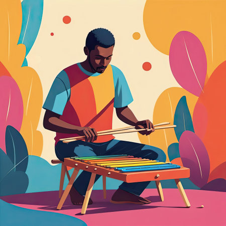 A young man sits on a stool, skillfully playing a vibrant marimba with sticks in a lush, colorful environment. Surrounded by abstract leaves and shapes, he focuses intently on producing harmonious melodies, highlighting his musical talent.の素材