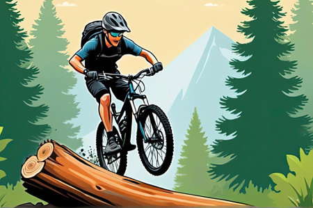 A mountain biker skillfully leaps over a log in a vibrant forest setting, surrounded by tall trees and distant mountains. The bright sky and sunny weather enhance the thrilling atmosphere of the outdoor adventure.の素材