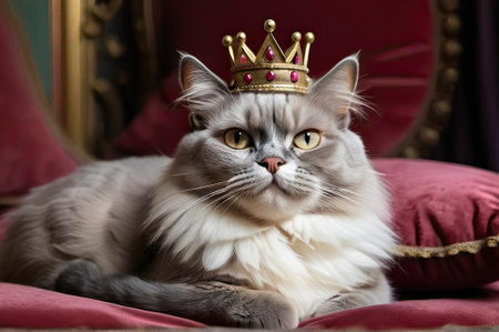 A majestic cat with striking features lounges elegantly on an ornate cushion, adorned with a regal crown. Its relaxed posture complements the opulent setting.の素材