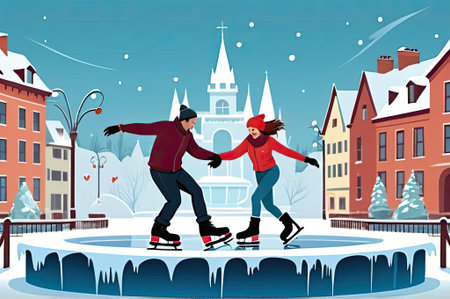 A couple glides across a frozen fountain, laughing as they ice skate together in a charming winter village. Snow blankets the rooftops and trees while festive decorations add joy to the scene. It's a perfect day for winter fun.の素材