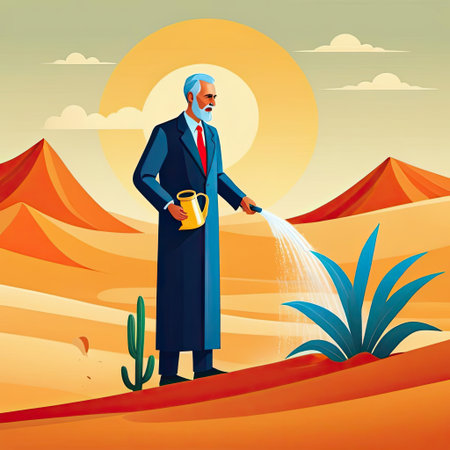 A man in formal attire uses a watering can to nurture plants in a desert setting during sunset, symbolizing dedication and environmental stewardship in challenging conditions.の素材