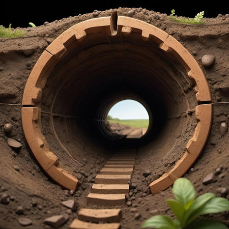 A clay tunnel is carved into the earth, featuring a rounded entrance flanked by dirt and small stones. Inside the tunnel, wooden stepping stones lead further into the structure, providing a distinct perspective of the lush landscape beyond.の素材