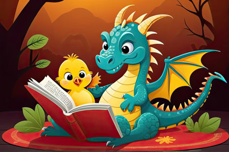 A colorful dragon and a cheerful chick sit together in a vibrant forest, engrossed in a storybook. The warm glow of dusk creates a magical atmosphere, with leaves surrounding them, making this a delightful moment of friendship and imagination.の素材
