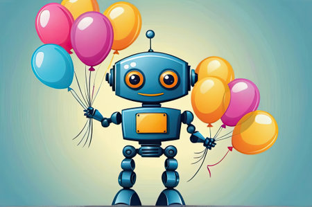 A cheerful cartoon robot stands in a vibrant setting, holding an assortment of colorful balloons.の素材