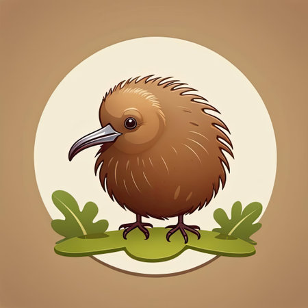 A charming cartoon kiwi bird is perched on vibrant green grass among stylized leaves, showcasing its round, fluffy body and characteristic long beak against a soft background.の素材