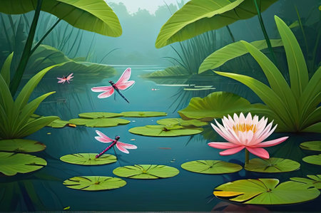 Delicate dragonflies flit gracefully above a calm pond surrounded by lush greenery. The water is dotted with vibrant water lilies in full bloom, creating an idyllic and peaceful scene during the early morning hours.の素材