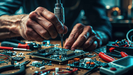 Skilled hands meticulously assemble electronic components on a circuit board at a workshop. Tools and various parts are organized on the workbench, showcasing an intricate process.の素材