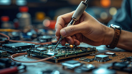 A skilled technician focuses on a circuit board, meticulously soldering components in a cluttered workshop. Various tools and parts are scattered around, highlighting a dedicated workspace.の素材