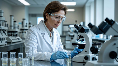 A professional researcher inspects biological samples under a microscope in a well-equipped laboratory. The setting is bright and conducive to detailed scientific work.の素材