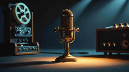 The vintage microphone stands prominently in a dimly lit studio space surrounded by recording equipment.の素材