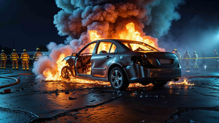 A car is engulfed in flames as firefighters work diligently to extinguish the fire during the night. Smoke billows into the air, highlighting the urgency of the emergency response.の素材