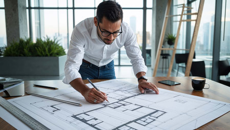An architect focuses on creating detailed building plans on a large table in a sleek office. Natural light floods the space from expansive windows, revealing a stunning backdrop of city skyscrapers.の素材
