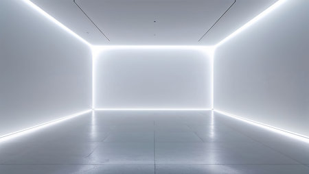 A spacious gallery room showcases minimalist design, characterized by white walls and a soft glow of light along the edges. The atmosphere is tranquil, inviting reflection and contemplation.の素材