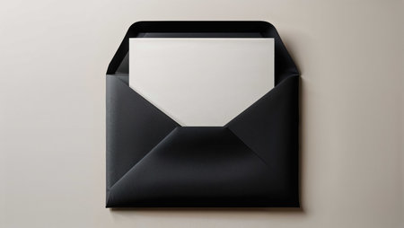 A sleek black envelope holds a clean, white card, perfect for conveying messages or invitations. The design emphasizes simplicity and sophistication.の素材