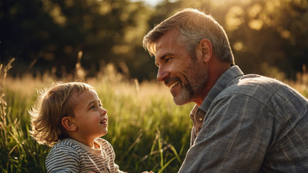 A grandfather and his young grandson share a heartwarming interaction in a sunlit grassy field. Their smiles capture the essence of family bonds and joy during a serene evening.の素材