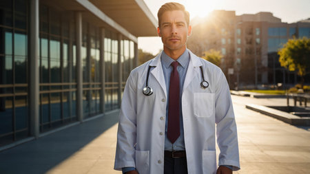 A healthcare professional stands in a white coat with a stethoscope around their neck outside a contemporary hospital. The sun sets in the background, casting a warm glow.の素材