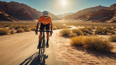 A cyclist pedals along a winding dirt path in a vast desert. The warm glow of the sunset illuminates the mountains and highlights the rugged terrain, creating a stunning backdrop.の素材