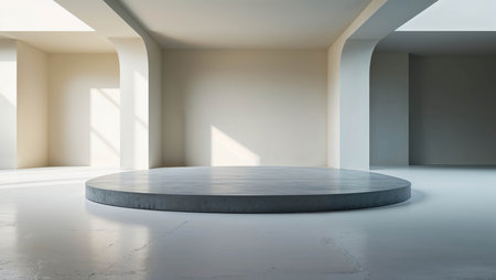 A spacious, minimalist interior showcases a round gray platform set on a smooth floor. Soft-colored walls create a calming atmosphere, illuminated by natural light from nearby windows.の素材