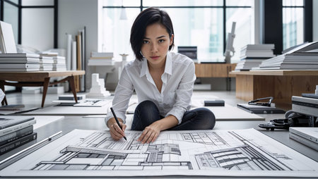 A dedicated architect sketches intricate building designs on large paper in a contemporary studio. Surrounded by design books and materials, she embodies creativity and concentration.の素材