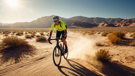 A cyclist rides through a vast desert area, kicking up dust on a sandy path while dusk light casts a warm glow over the rugged terrain and distant mountains.の素材