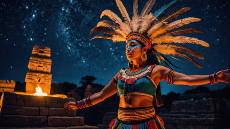 A dancer adorned in traditional attire showcases elaborate movements during a night celebration at ancient ruins. The starry sky adds a mystical atmosphere to the ritual.の素材