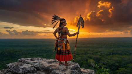 A warrior adorned in vibrant traditional attire stands proudly on a cliff, gazing at the breathtaking sunset. The sprawling rainforest stretches into the horizon, bathed in warm colors.の素材