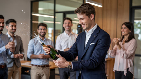 Businessman opening bottle of champagne celebrating success with colleagues in the officeの素材