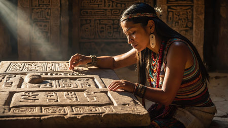 A woman examines intricate carvings on a stone tablet inside a historic temple. Sunlight streams in, highlighting her focused expression and traditional attire, creating a serene atmosphere.の素材
