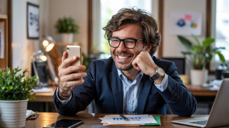 Businessman using mobile phone for video call and laughing in his officeの素材