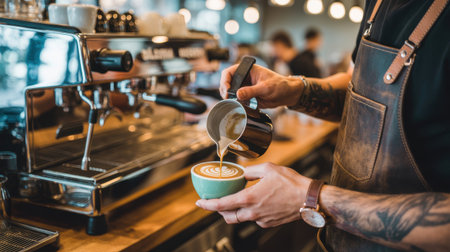 A barista expertly pours steamed milk into a green cup, creating intricate latte art. The lively coffee shop setting is filled with patrons enjoying their drinks and conversations.の素材
