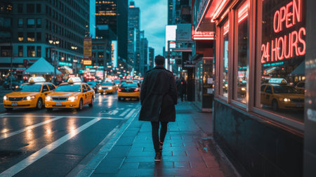 A person walks along a busy city street in the evening, surrounded by vibrant neon signs and iconic yellow taxis. The atmosphere is lively, showcasing the urban nightlife.の素材