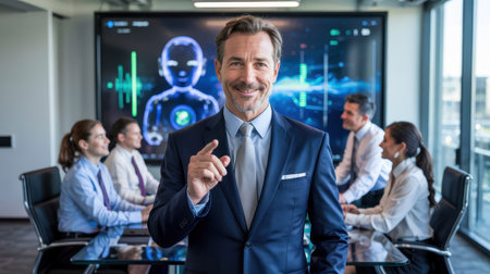 A confident professional stands in a modern office, pointing at a digital display while colleagues engage in a strategy discussion and collaborate on advanced tech concepts.の素材