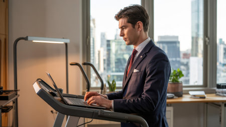 A man dressed in a tailored suit is engaged in work on his laptop while using a treadmill in a bright office. The city skyline is visible through large windows.の素材