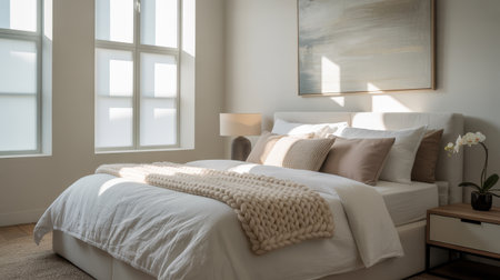 Sunlight streams into a cozy modern bedroom adorned with soft bedding and warm, neutral colors, creating a tranquil and inviting atmosphere perfect for relaxation.の素材