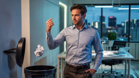 A man in a light blue shirt tosses a crumpled paper into a trash bin in a sleek office. The backdrop features city skyscrapers illuminated by evening lights.の素材