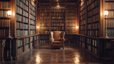 A warm, inviting space in a historic library showcases tall shelves filled with books. A comfortable armchair sits in the center, making it perfect for quiet reading or studying.の素材