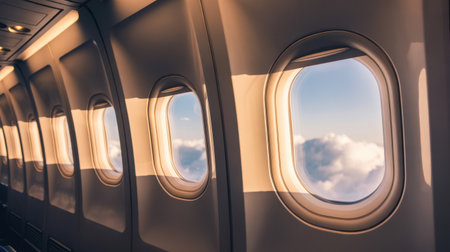 Bright sunlight fills the cabin as passengers gaze out at the fluffy clouds from airplane windows. The calm atmosphere reflects a peaceful journey high above the ground.の素材